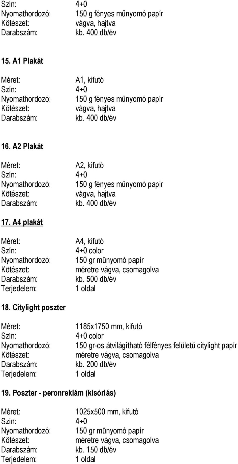 A4 plakát A4, kifutó 150 gr műnyomó papír méretre, csomagolva 18.