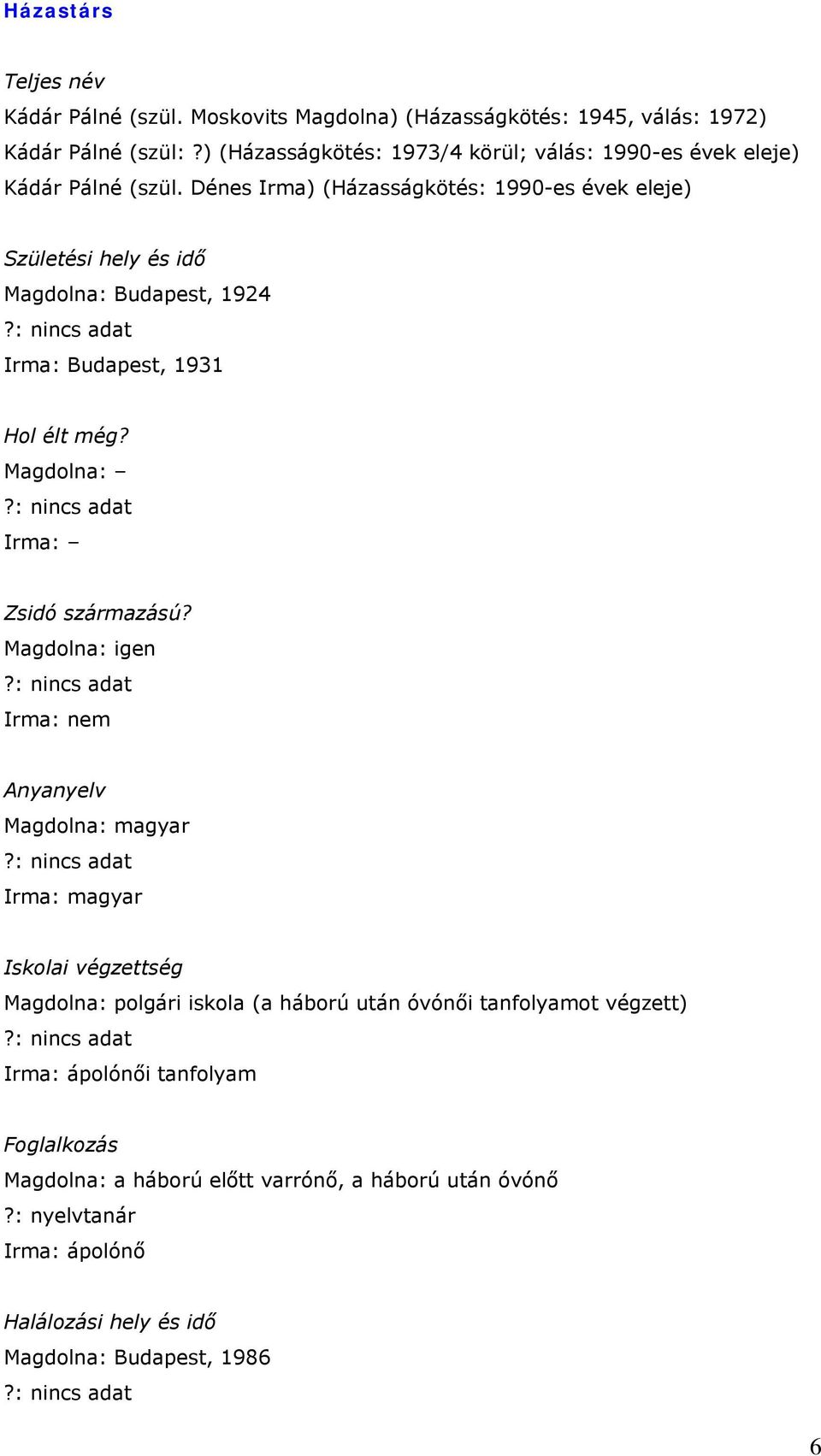 : nincs adat Irma: Budapest, 1931 Hol élt még? Magdolna:?: nincs adat Irma: Zsidó származású? Magdolna: igen?: nincs adat Irma: nem Anyanyelv Magdolna: magyar?