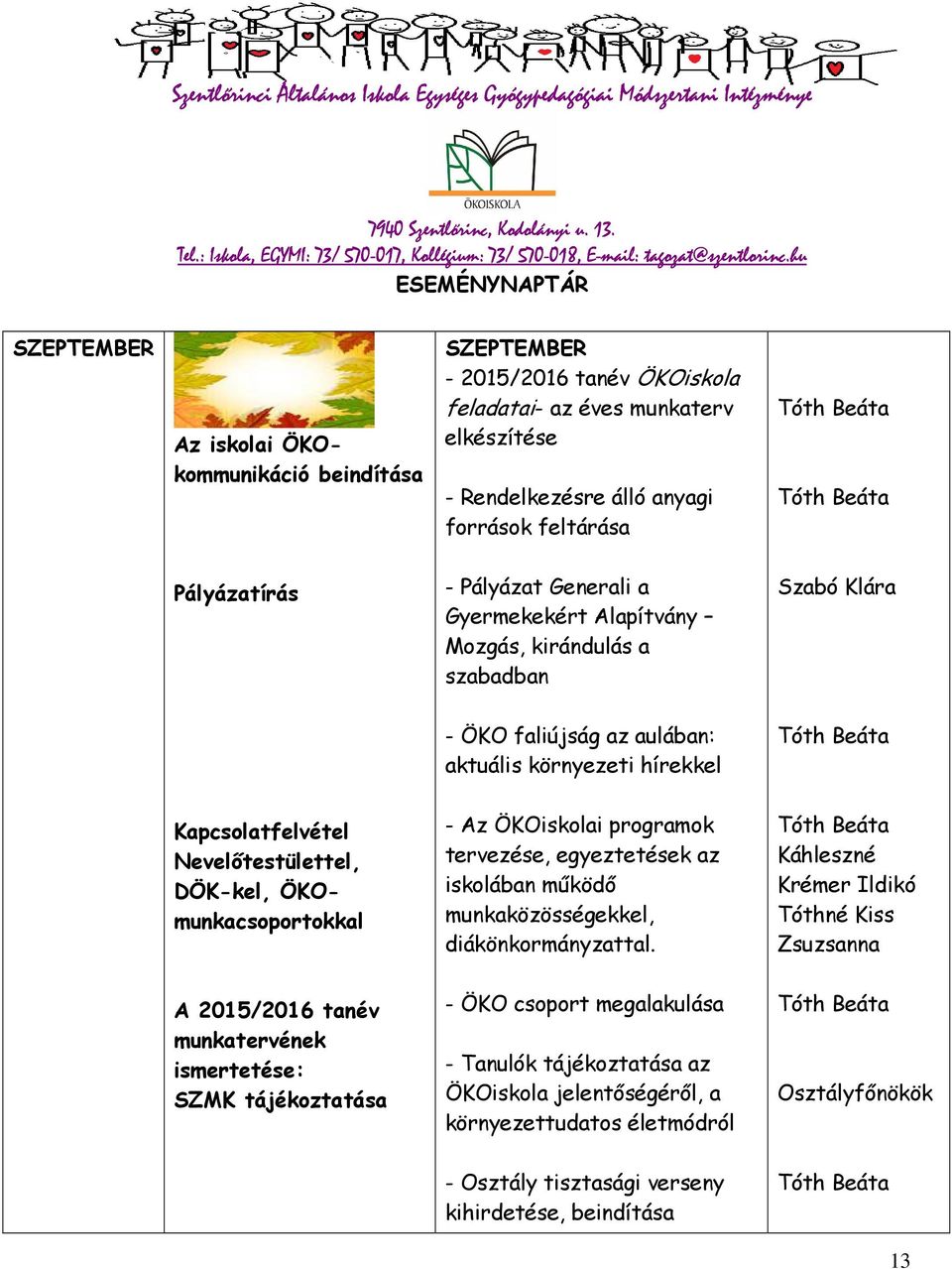 DÖK-kel, ÖKOmunkacsoportokkal - Az ÖKOiskolai programok tervezése, egyeztetések az iskolában működő munkaközösségekkel, diákönkormányzattal.