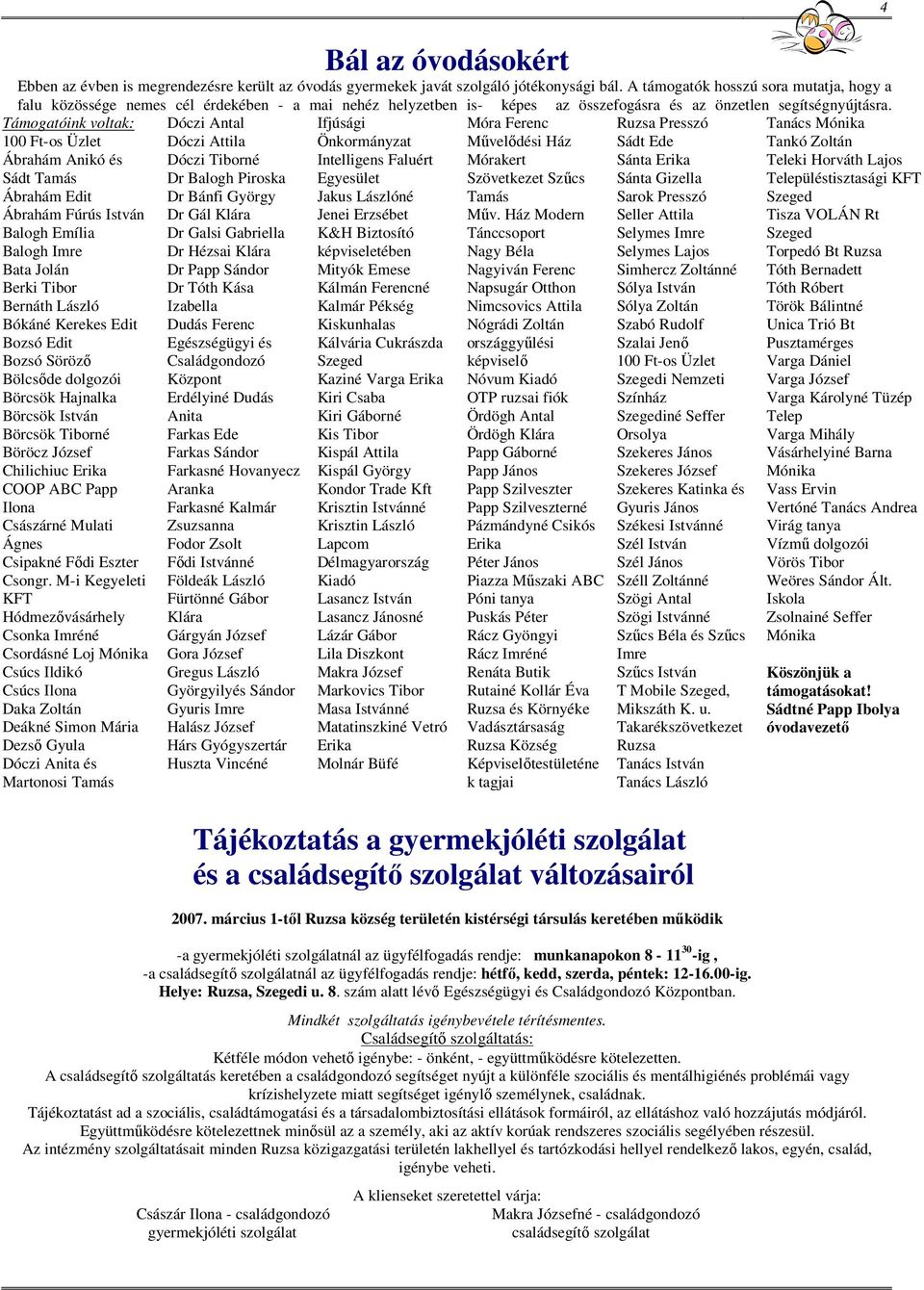 Támogatóink voltak: 100 Ft-os Üzlet Ábrahám Anikó és Sádt Tamás Ábrahám Edit Ábrahám Fúrús István Balogh Emília Balogh Imre Bata Jolán Berki Tibor Bernáth László Bókáné Kerekes Edit Bozsó Edit Bozsó