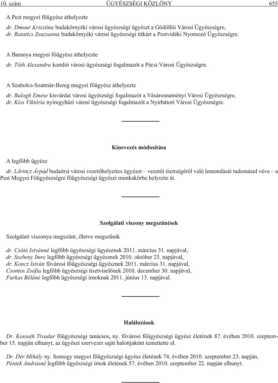 Tóth Alexandra komlói városi ügyészségi fogalmazót a Pécsi Városi Ügyészségre. A Szabolcs-Szatmár-Bereg megyei fõügyész áthelyezte dr.