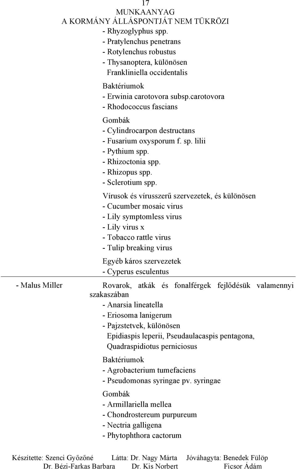 Vírusok és vírusszerű szervezetek, és különösen - Cucumber mosaic virus - Lily symptomless virus - Lily virus x - Tobacco rattle virus - Tulip breaking virus Egyéb káros szervezetek - Cyperus