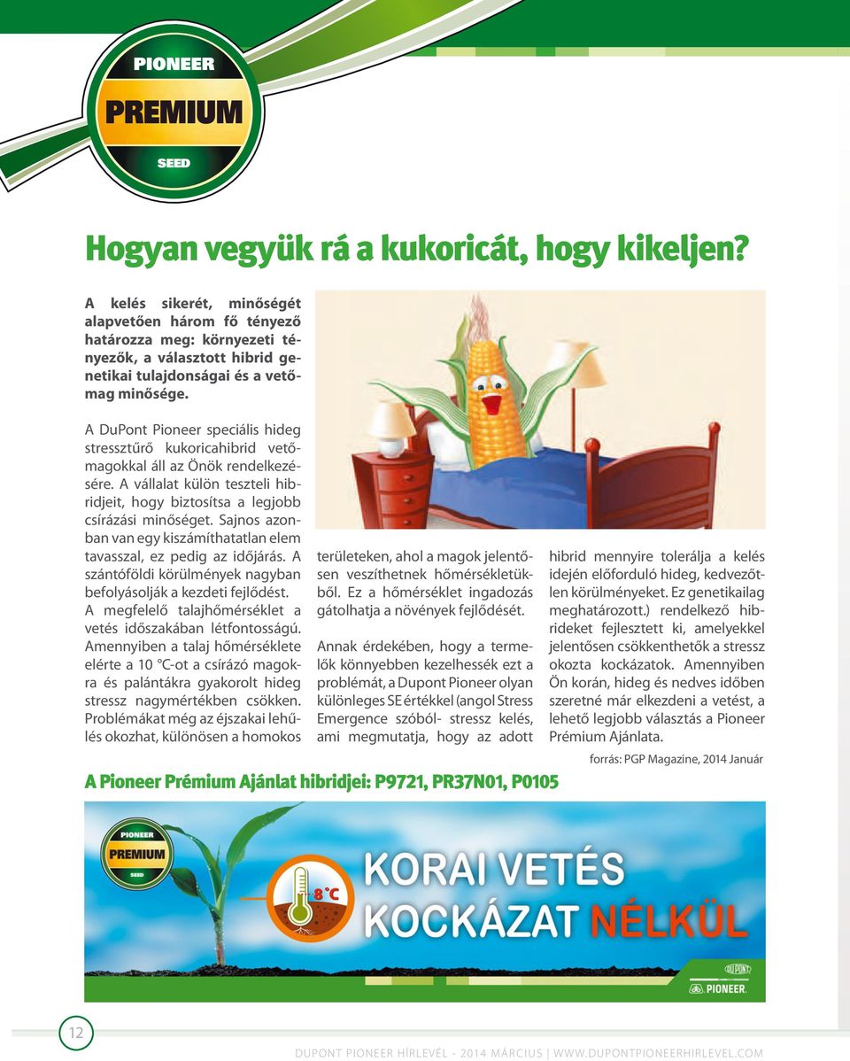 A DuPont Pioneer speciális hideg stressztűrő kukoricahibrid vetőmagokkal áll az Önök rendelkezésére. A vállalat külön teszteli hibridjeit, hogy biztosítsa a legjobb csírázási minőséget.