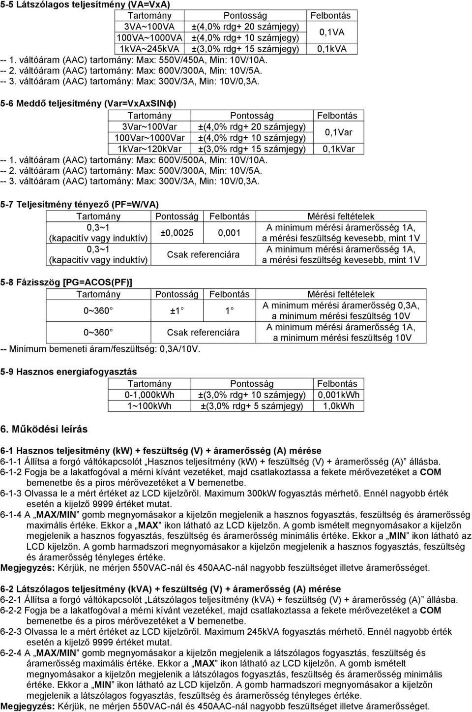 5-6 Meddő teljesítmény (Var=VxAxSINɸ) 3Var~100Var ±(4,0% rdg+ 20 számjegy) 100Var~1000Var ±(4,0% rdg+ 10 számjegy) 0,1Var 1kVar~120kVar ±(3,0% rdg+ 15 számjegy) 0,1kVar -- 1.