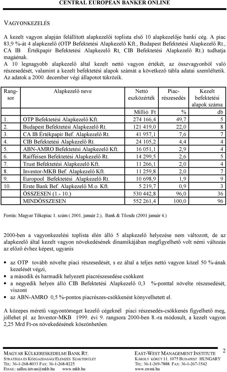 A 10 legnagyobb alapkezelő által kezelt nettó vagyon értékét, az összvagyonból való részesedését, valamint a kezelt befektetési alapok számát a következő tábla adatai szemléltetik. Az adatok a 2000.