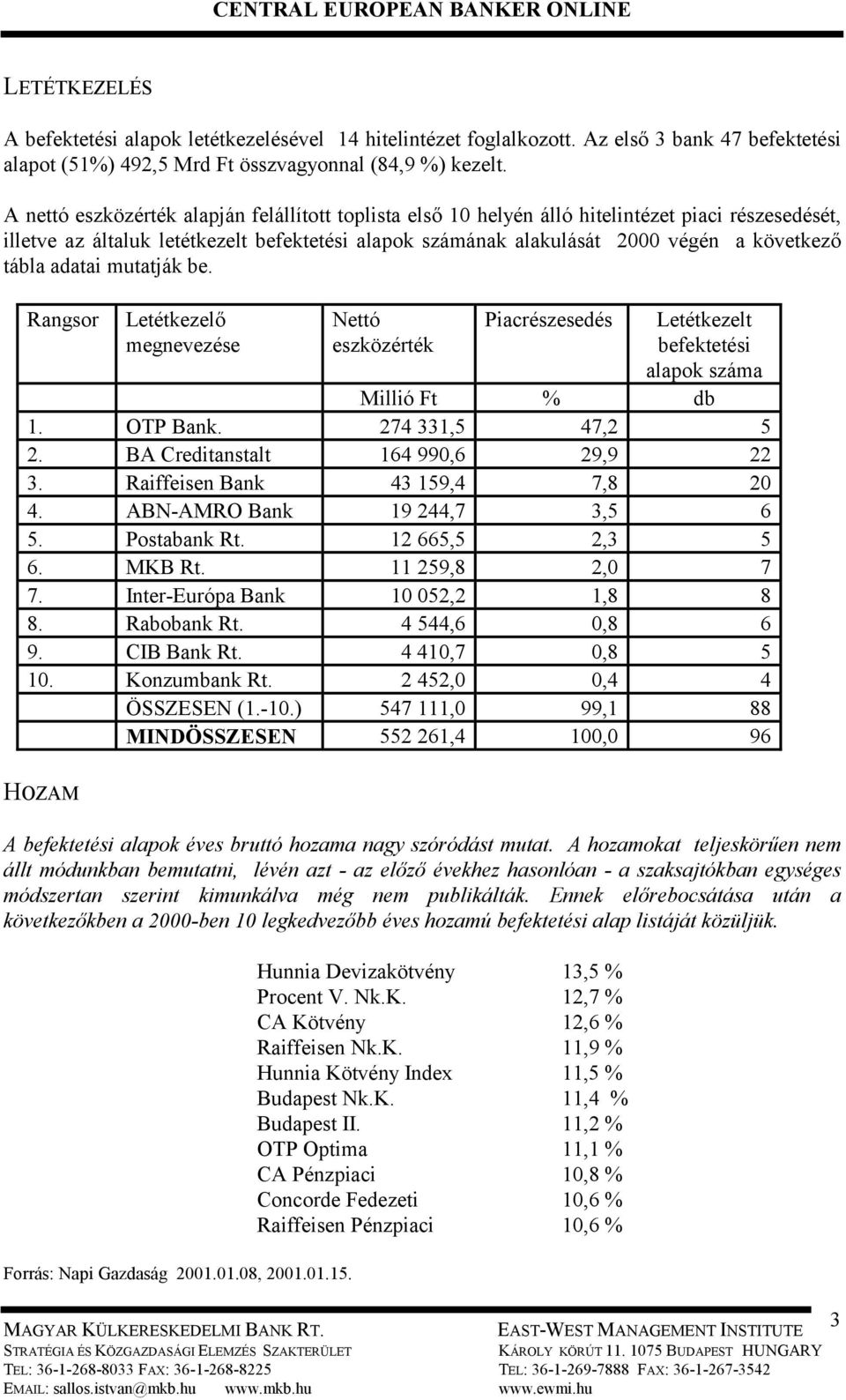 tábla adatai mutatják be. Rangsor Letétkezelő megnevezése Nettó eszközérték Piacrészesedés Letétkezelt befektetési alapok száma Millió Ft % db 1. OTP Bank. 274 331,5 47,2 5 2.