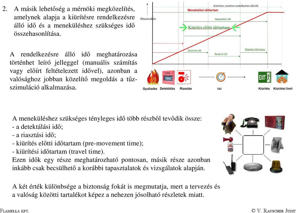 A meneküléshez szükséges tényleges idő több részből tevődik össze: - a detektálási idő; - a riasztási idő; - kiürítés előtti időtartam (pre-movement time); - kiürítési időtartam (travel time).