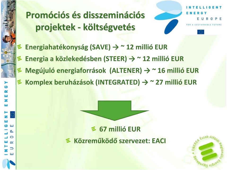 (STEER) ~ 12 millió EUR Megújuló energiaforrások (ALTENER) ~ 16 millió