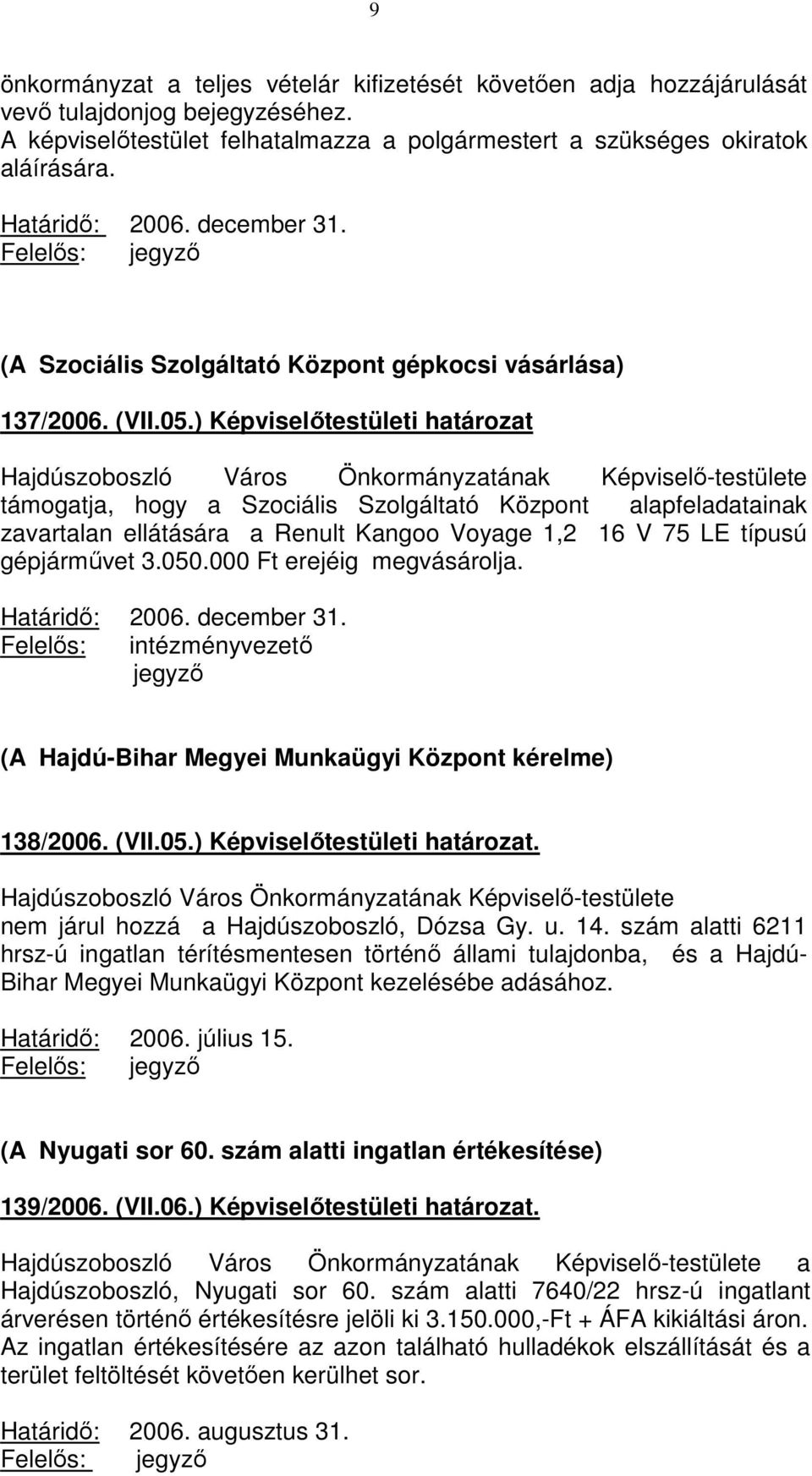 ) Képviselőtestületi határozat Hajdúszoboszló Város Önkormányzatának Képviselő-testülete támogatja, hogy a Szociális Szolgáltató Központ alapfeladatainak zavartalan ellátására a Renult Kangoo Voyage