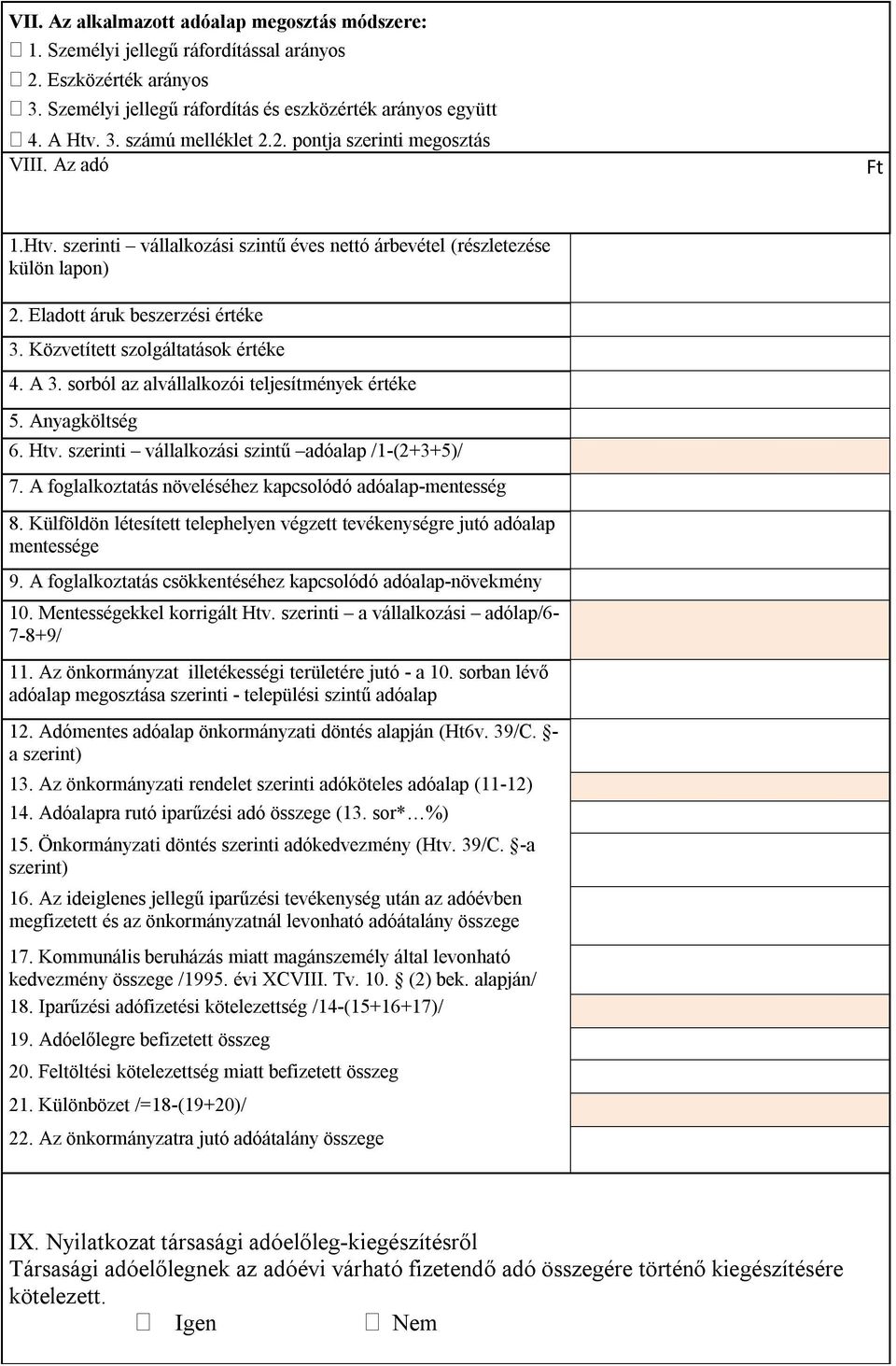 Közvetített szolgáltatások értéke 4. A 3. sorból az alvállalkozói teljesítmények értéke 5. Anyagköltség 6. Htv. szerinti vállalkozási szintű adóalap /1-(2+3+5)/ 7.