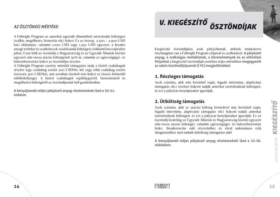 Ezen felül az ösztöndíj a Magyarország és az Egyesült Államok közötti egyszeri oda-vissza utazás költségének 50%-át, valamint az egészségügyi- és balesetbiztosítást fedezi az ösztöndíjas részére.
