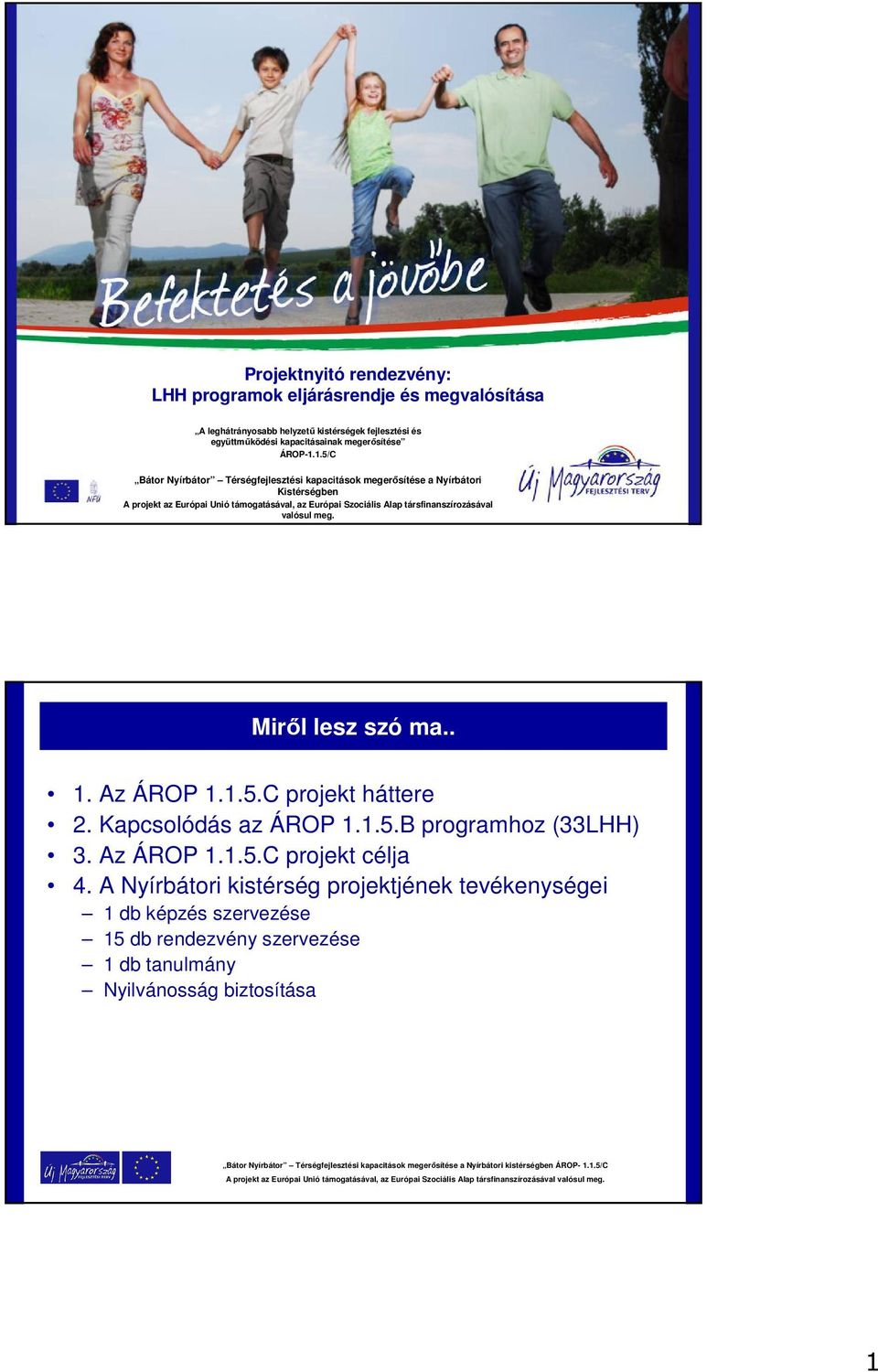 1.5/C Bátor Nyírbátor Térségfejlesztési kapacitások megerősítése a Nyírbátori Kistérségben A projekt az Európai Unió támogatásával, az Európai Szociális Alap