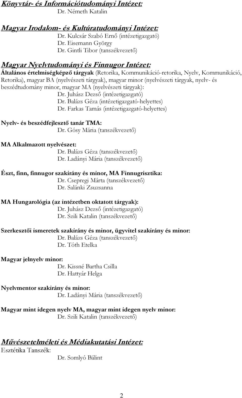 tárgyak), magyar minor (nyelvészeti tárgyak, nyelv- és beszédtudomány minor, magyar MA (nyelvészeti tárgyak): Dr. Juhász Dezső (intézetigazgató) Dr. Balázs Géza (intézetigazgató-helyettes) Dr.