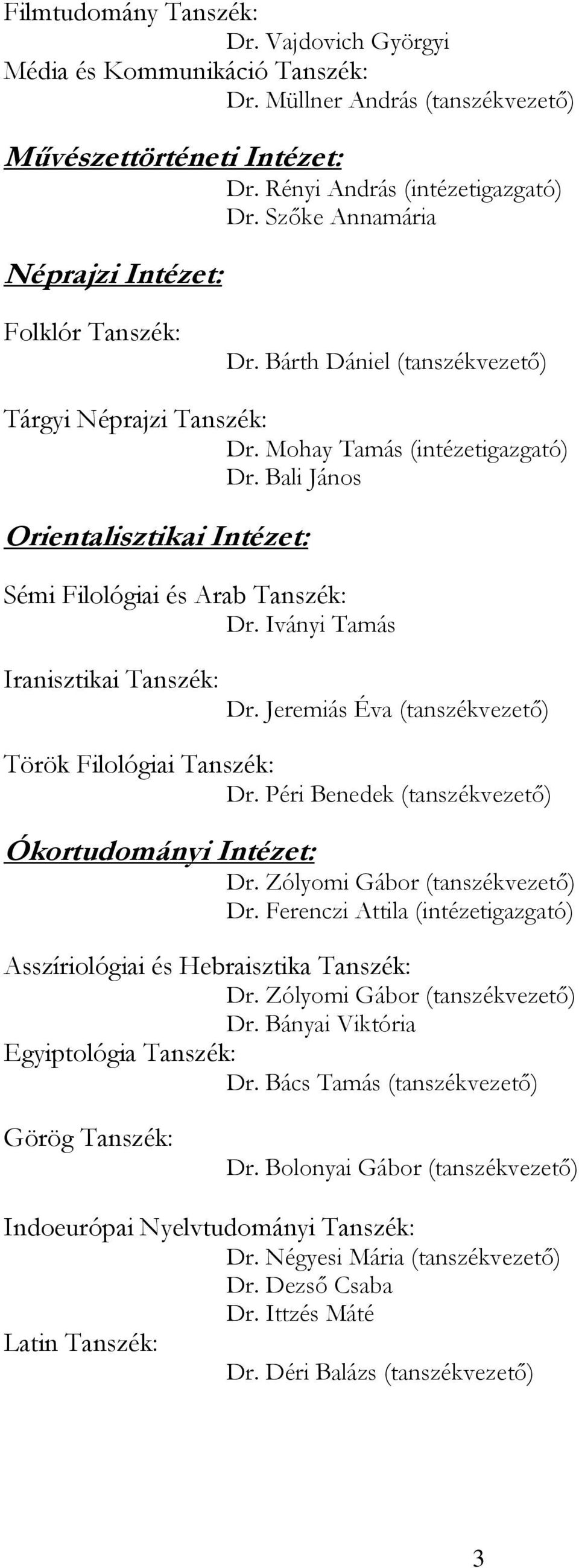 Bali János Orientalisztikai Intézet: Sémi Filológiai és Arab Tanszék: Dr. Iványi Tamás Iranisztikai Tanszék: Dr. Jeremiás Éva (tanszékvezető) Török Filológiai Tanszék: Dr.