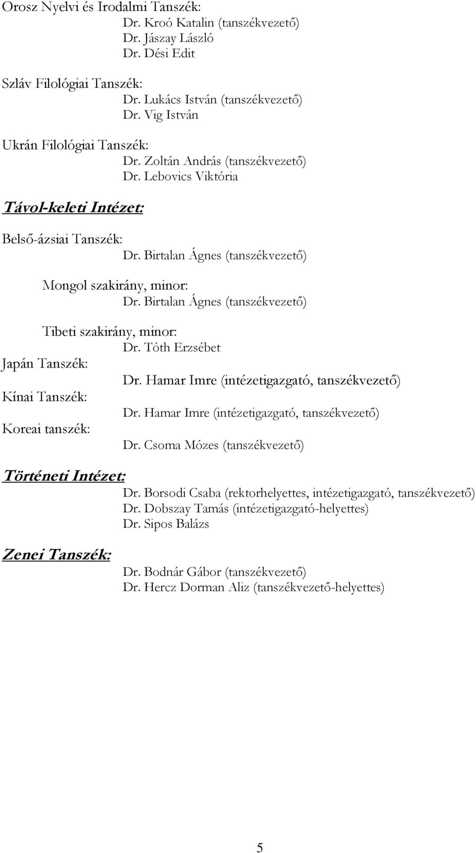 Birtalan Ágnes (tanszékvezető) Tibeti szakirány, minor: Dr. Tóth Erzsébet Japán Tanszék: Dr. Hamar Imre (intézetigazgató, tanszékvezető) Kínai Tanszék: Dr.