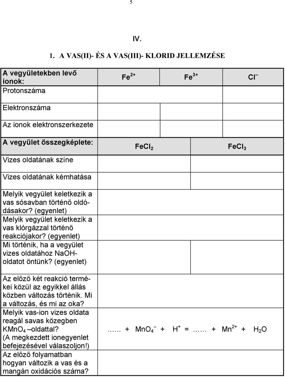 FeCl 3 Vizes oldatának kémhatása Melyik vegyület keletkezik a vas sósavban történő oldódásakor? (egyenlet) Melyik vegyület keletkezik a vas klórgázzal történő reakciójakor?