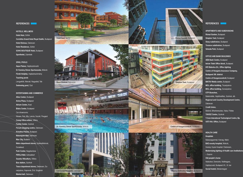 OFFICE AND BANK BUILDINGS SPAS, POOLS Aqua Palace, Hajdúszoboszló Dr Kemény Dénes Sportuszoda, Miskolc Fürdő felújítás, Hajduböszörmény Teaching pools ÁÉB Bank Centre, Budapest István Telek Office