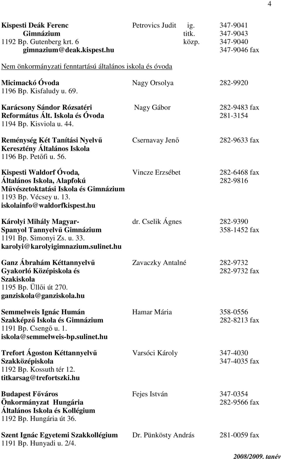 Karácsony Sándor Rózsatéri Nagy Gábor 282-9483 fax Református Ált. Iskola és Óvoda 281-3154 1194 Bp. Kisviola u. 44.