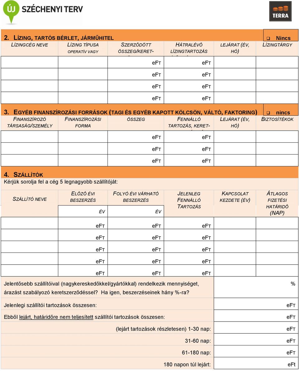 EGYÉB FINANSZÍROZÁSI FORRÁSOK (TAGI ÉS EGYÉB KAPOTT KÖLCSÖN, VÁLTÓ, FAKTORING) nincs FINANSZÍROZÓ TÁRSASÁG/SZEMÉLY FINANSZÍROZÁSI FORMA ÖSSZEG FENNÁLLÓ TARTOZÁS, KERET- LEJÁRAT (, BIZTOSÍTÉKOK NEVE