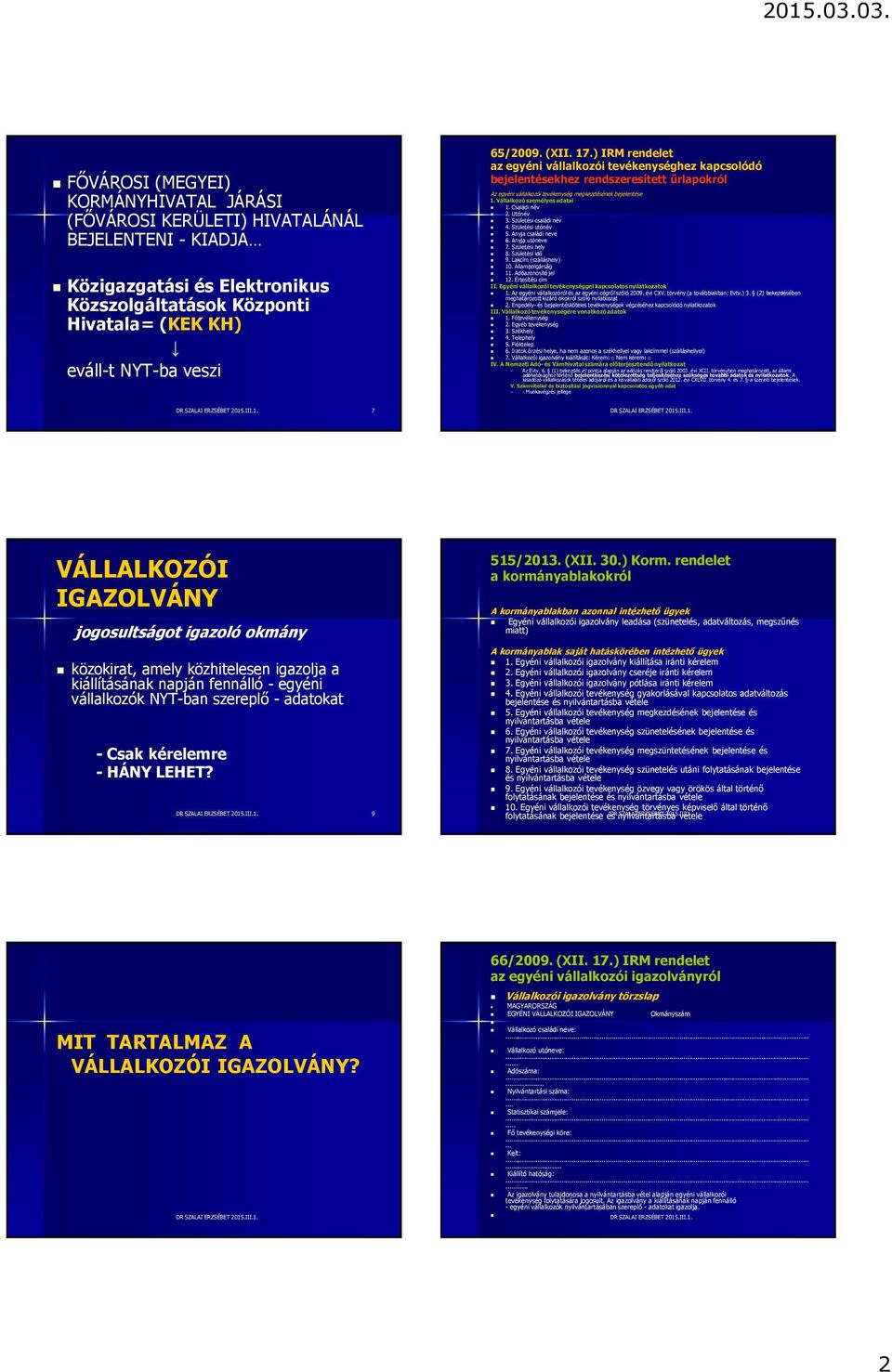 Vállalkozó személyes adatai 1. Családi név 2. Utónév 3. Születési családi név 4. Születési utónév 5. Anyja családi neve 6. Anyja utóneve 7. Születési hely 8. Születési idő 9. Lakcím (szálláshely) 10.