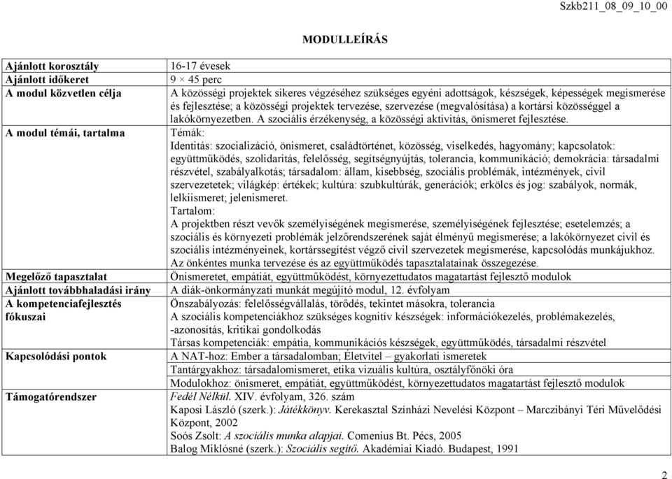 szervezése (megvalósítása) a kortársi közösséggel a lakókörnyezetben. A szociális érzékenység, a közösségi aktivitás, önismeret fejlesztése.