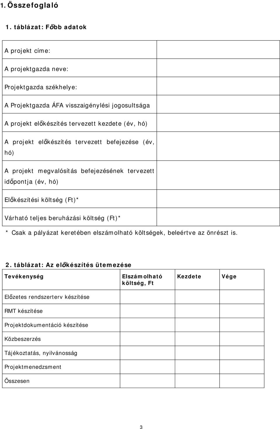 (év, hó) A projekt el készítés tervezett befejezése (év, hó) A projekt megvalósítás befejezésének tervezett id pontja (év, hó) El készítési költség (Ft)* Várható teljes