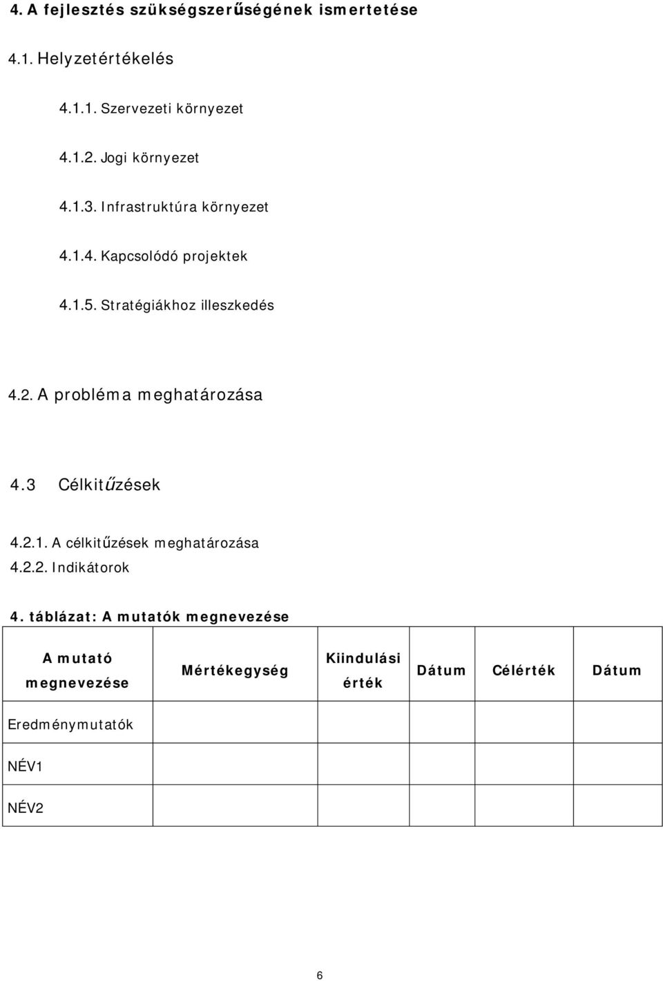 A probléma meghatározása 4.3 Célkit zések 4.2.1. A célkit zések meghatározása 4.2.2. Indikátorok 4.