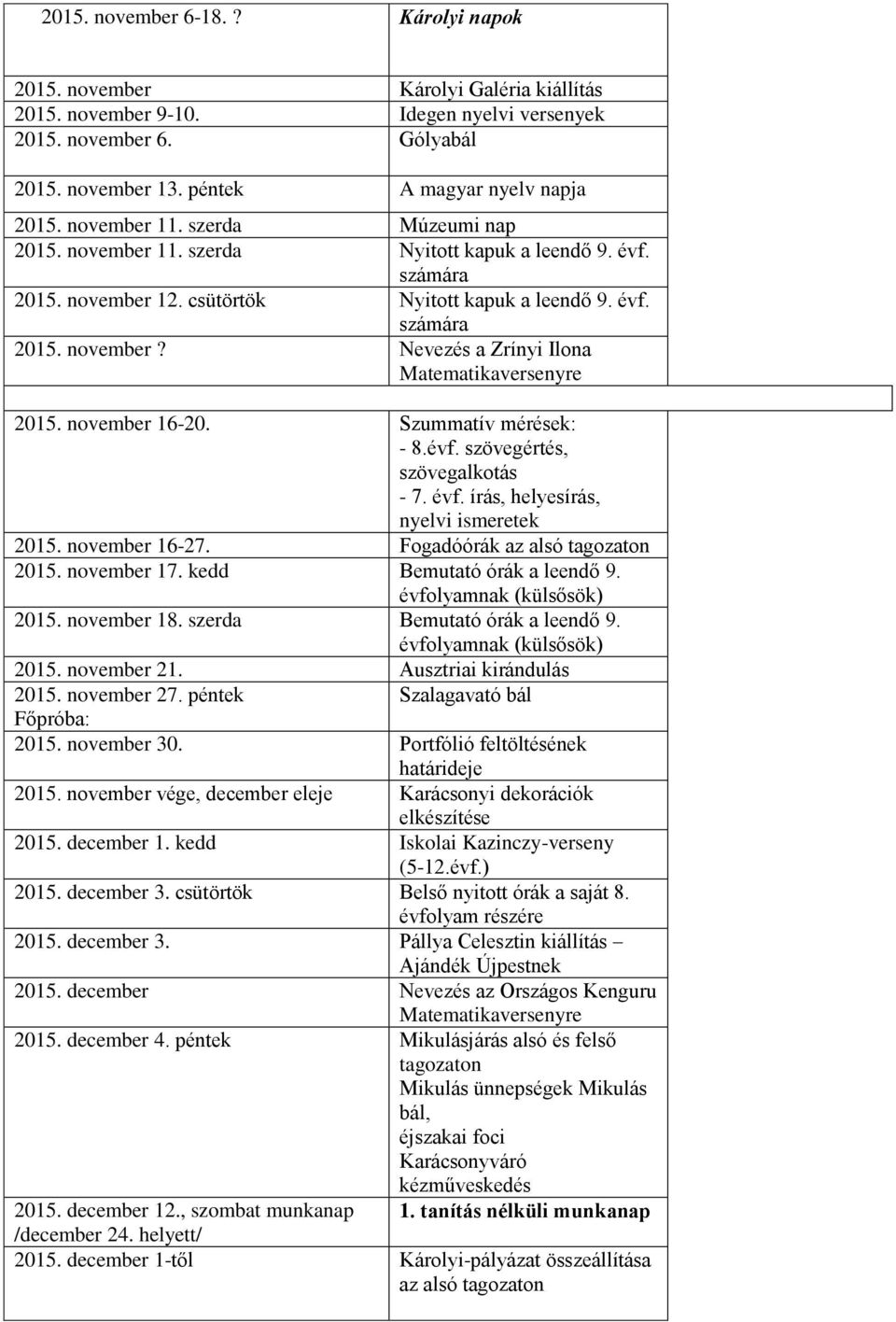 november 16-20. Szummatív mérések: - 8.évf. szövegértés, szövegalkotás - 7. évf. írás, helyesírás, nyelvi ismeretek 2015. november 16-27. Fogadóórák az alsó 2015. november 17.