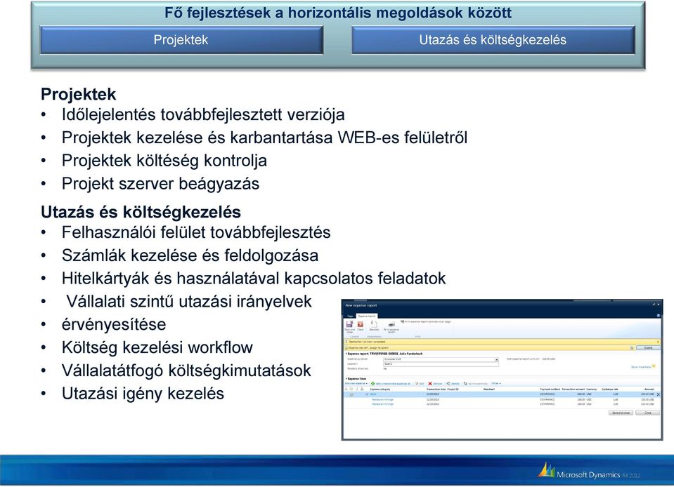 költségkezelés Felhasználói felület továbbfejlesztés Számlák kezelése és feldolgozása Hitelkártyák és használatával kapcsolatos