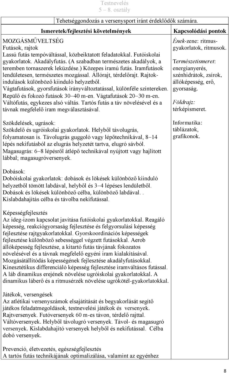 Állórajt, térdelőrajt. Rajtokindulások különböző kiinduló helyzetből. Vágtafutások, gyorsfutások irányváltoztatással, különféle színtereken. Repülő és fokozó futások 30 40 m-en.