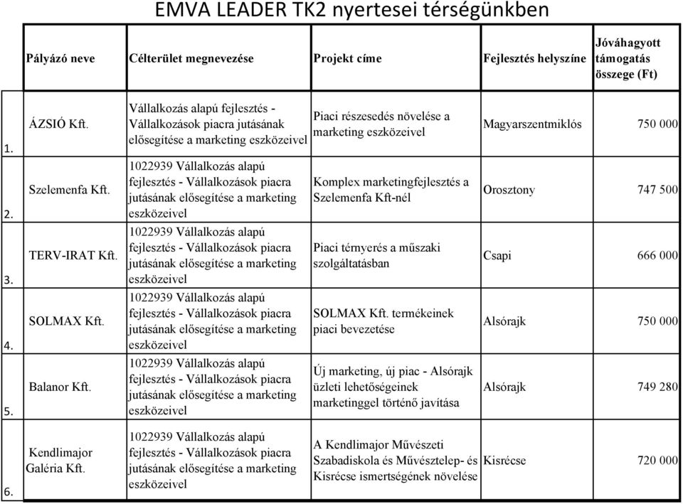 Komplex marketingfejlesztés a Szelemenfa Kft-nél Orosztony 747 500 3. TERV-IRAT Kft. Piaci térnyerés a műszaki szolgáltatásban Csapi 666 000 4. SOLMAX Kft.