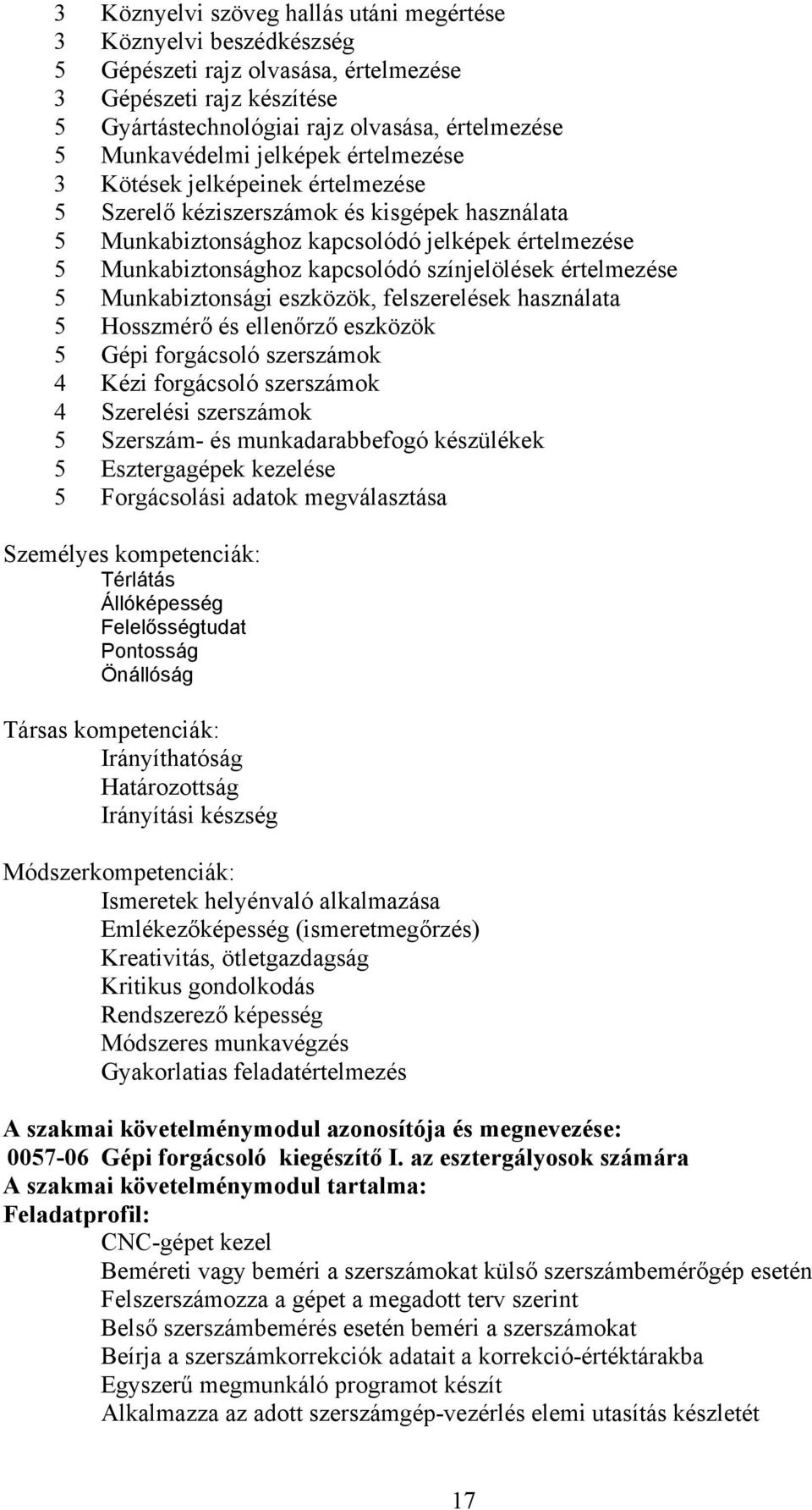 értelmezése 5 Munkabiztonsági eszközök, felszerelések használata 5 Hosszmérő és ellenőrző eszközök 5 Gépi forgácsoló szerszámok 4 Kézi forgácsoló szerszámok 4 Szerelési szerszámok 5 Szerszám- és