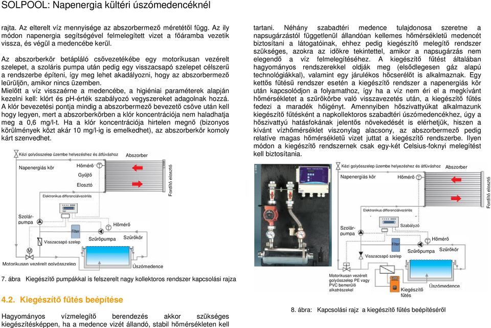 abszorbermező leürüljön, amikor nincs üzemben. Mielőtt a víz visszaérne a medencébe, a higiéniai paraméterek alapján kezelni kell: klórt és ph-érték szabályozó vegyszereket adagolnak hozzá.