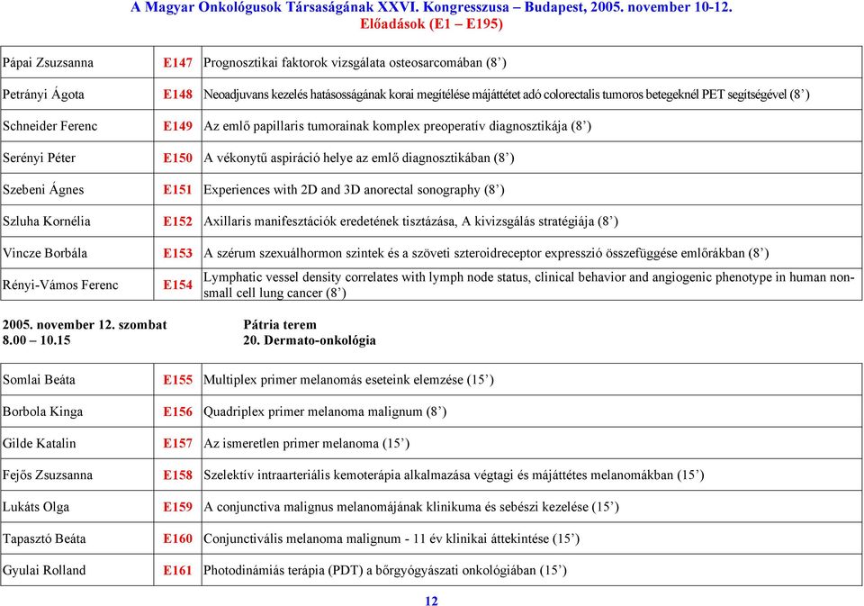 E151 Experiences with 2D and 3D anorectal sonography (8 ) Szluha Kornélia E152 Axillaris manifesztációk eredetének tisztázása, A kivizsgálás stratégiája (8 ) Vincze Borbála E153 A szérum