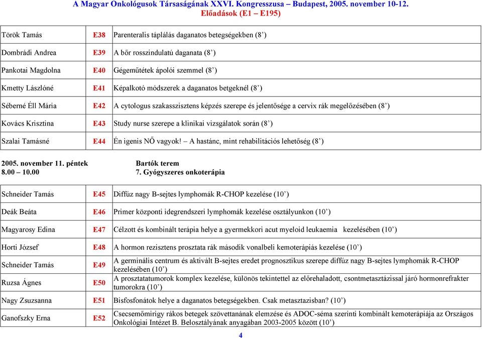 a klinikai vizsgálatok során (8 ) Szalai Tamásné E44 Én igenis NŐ vagyok! A hastánc, mint rehabilitációs lehetőség (8 ) 2005. november 11. péntek Bartók terem 8.00 10.00 7.