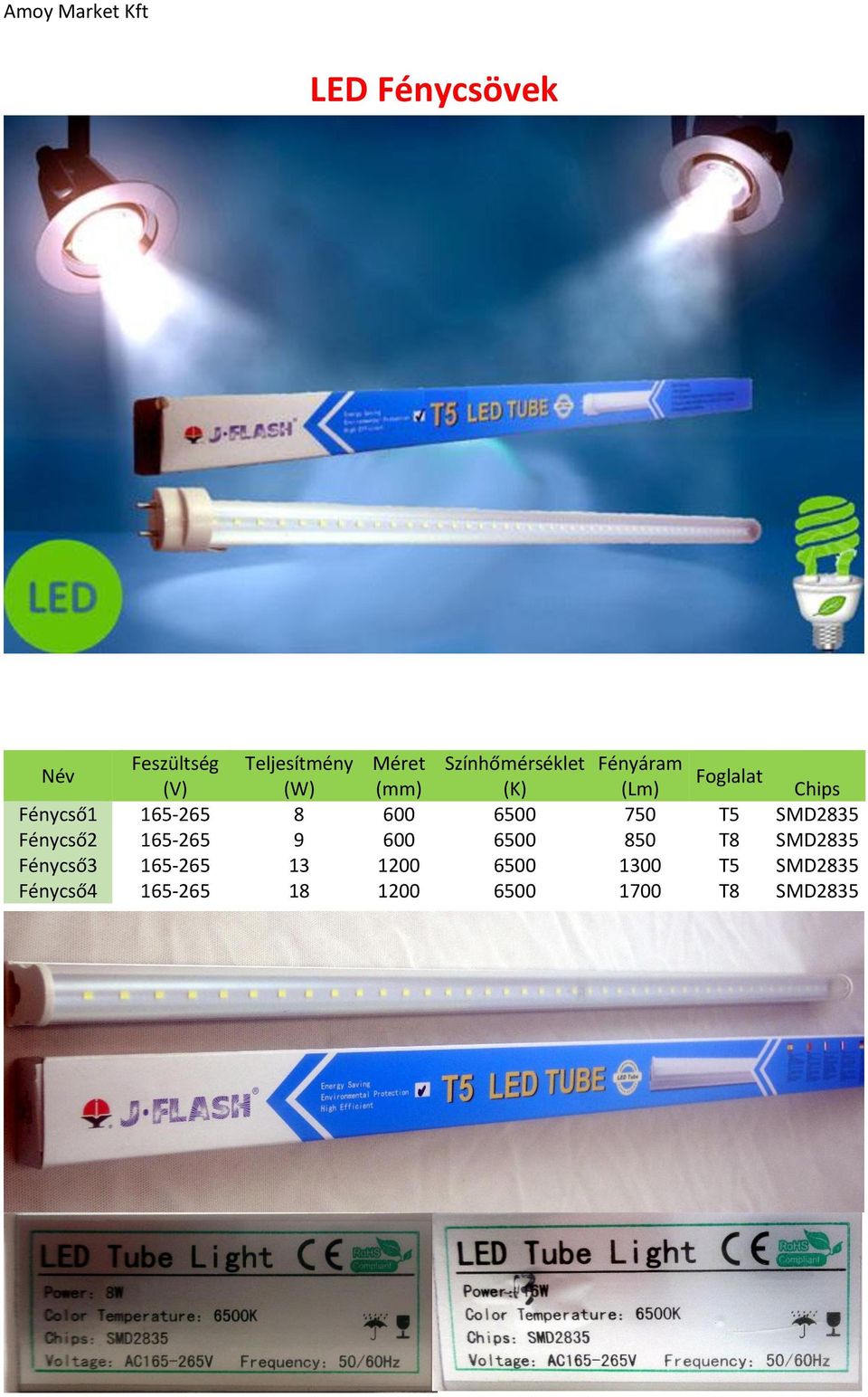 6500 750 T5 SMD2835 Fénycső2 165-265 9 600 6500 850 T8 SMD2835 Fénycső3