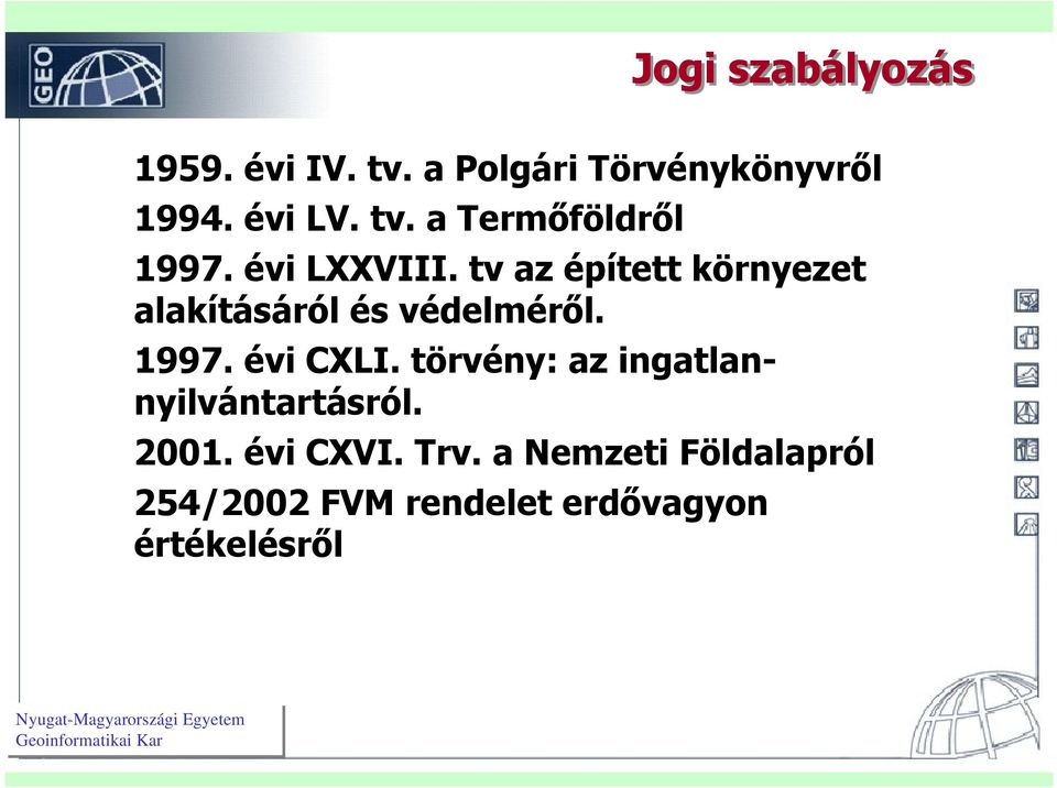évi CXLI. törvény: az ingatlannyilvántartásról. 2001. évi CXVI. Trv.