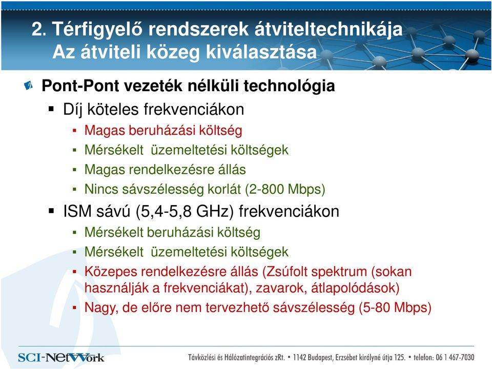 (2-800 Mbps) ISM sávú (5,4-5,8 GHz) frekvenciákon Mérsékelt beruházási költség Mérsékelt üzemeltetési költségek Közepes