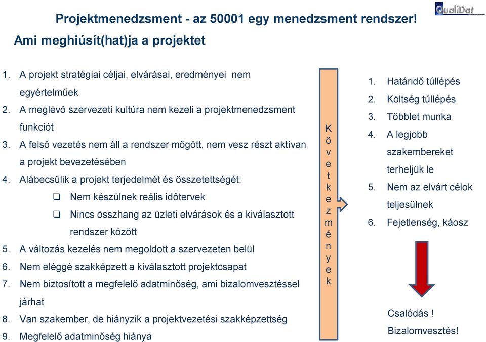 Alábecsülik a projekt terjedelmét és összetettségét: Nem készülnek reális időtervek Nincs összhang az üzleti elvárások és a kiválasztott rendszer között 5.