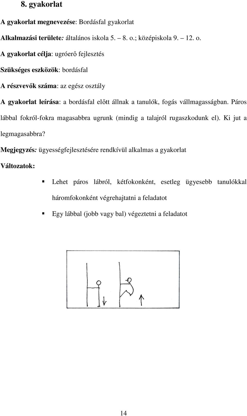 A gyakorlat célja: ugróerő fejlesztés Szükséges eszközök: bordásfal A részvevők száma: az egész osztály A gyakorlat leírása: a bordásfal előtt állnak a
