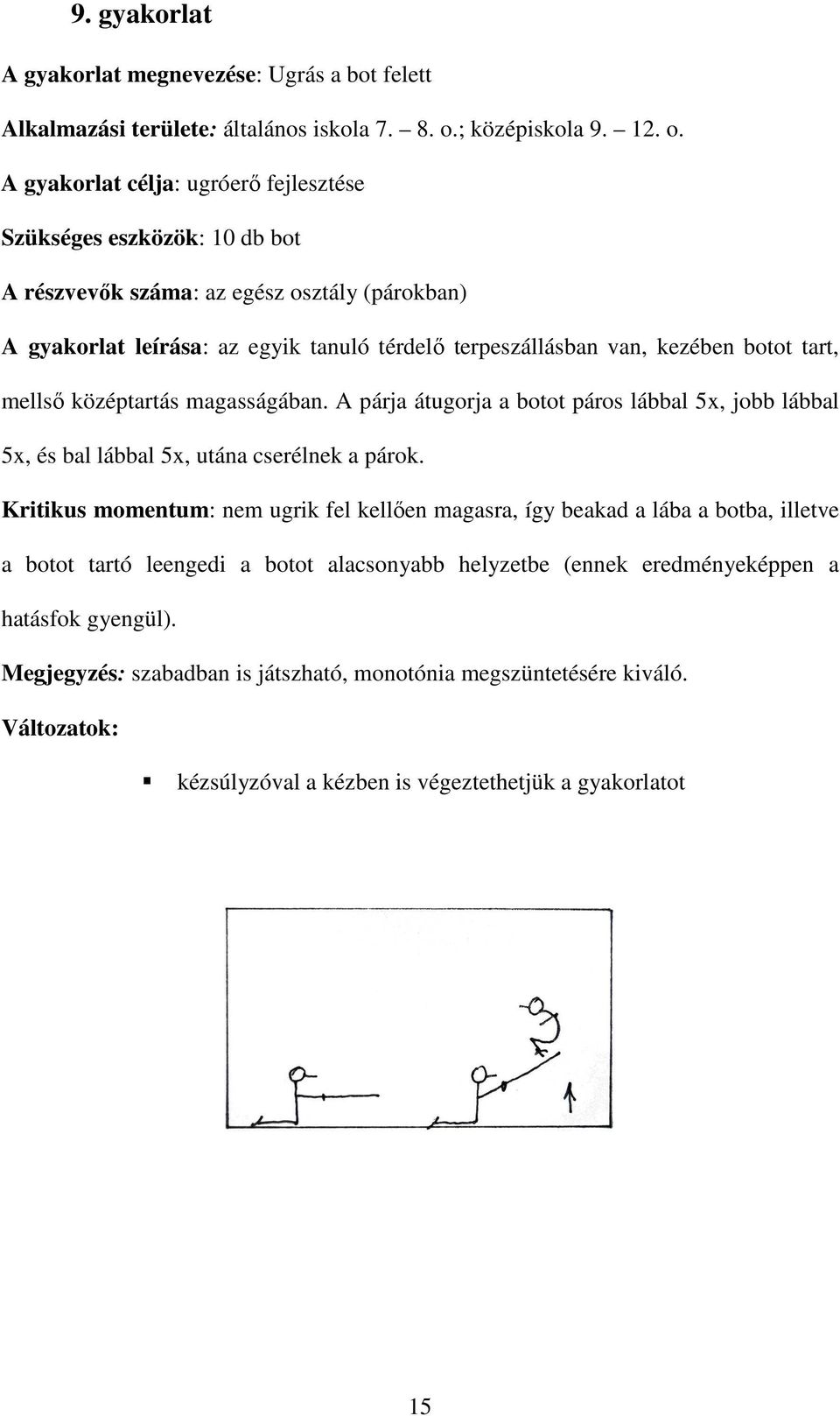 A gyakorlat célja: ugróerő fejlesztése Szükséges eszközök: 10 db bot A részvevők száma: az egész osztály (párokban) A gyakorlat leírása: az egyik tanuló térdelő terpeszállásban van, kezében