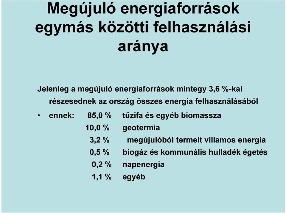 felhasználásából ennek: 85,0 % tűzifa és egyéb biomassza 10,0 % geotermia 3,2 %