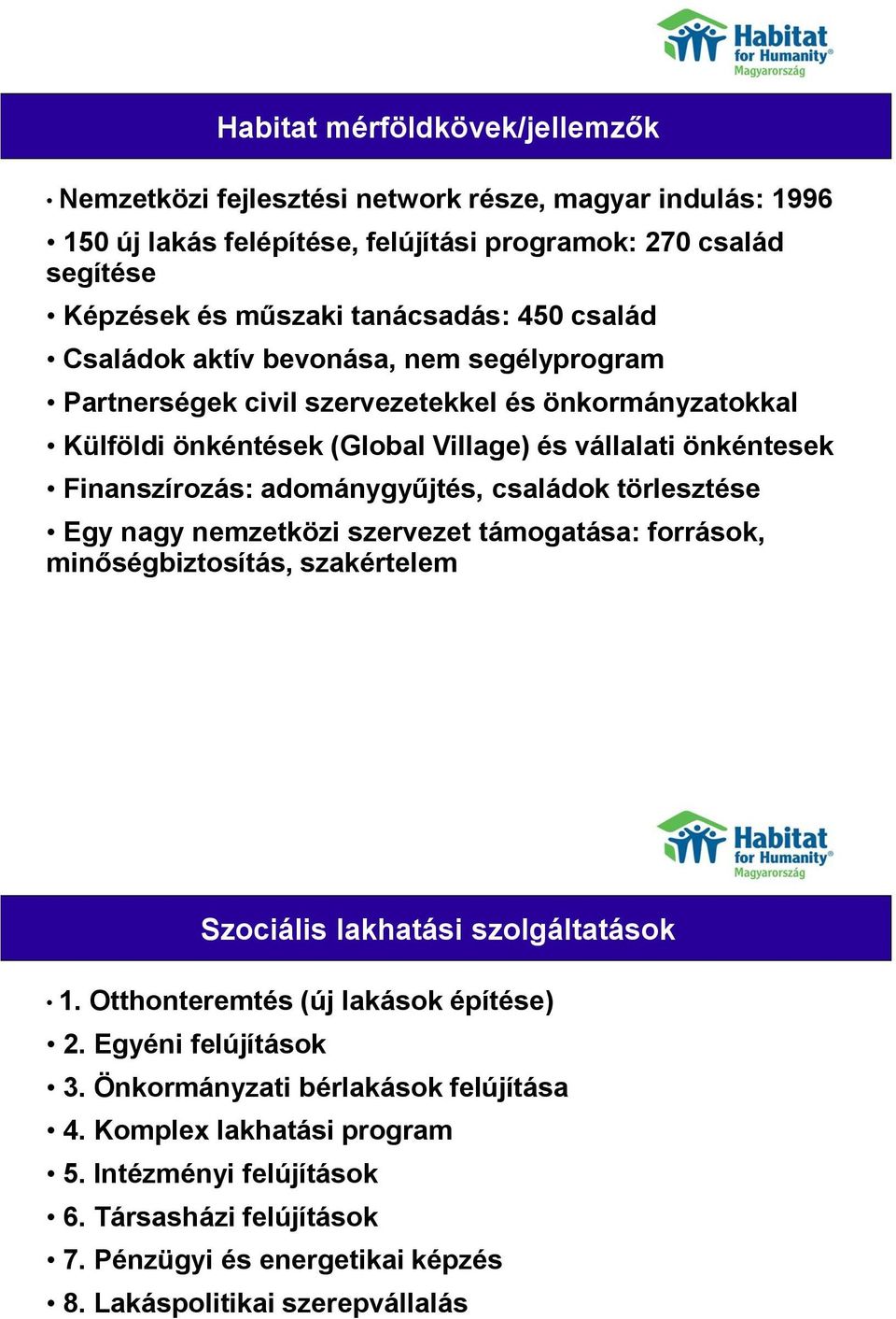 családok törlesztése Egy nagy nemzetközi szervezet támogatása: források, minőségbiztosítás, szakértelem Szociális lakhatási szolgáltatások 1. Otthonteremtés (új lakások építése) 2.