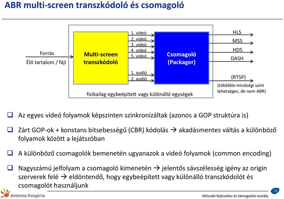 audió fizikailag egybeépített vagy különálló egységek (RTSP) (többféle minőségi szint lehetséges, de nem ABR) Az egyes videó folyamok képszinten szinkronizáltak (azonos a GOP struktúra