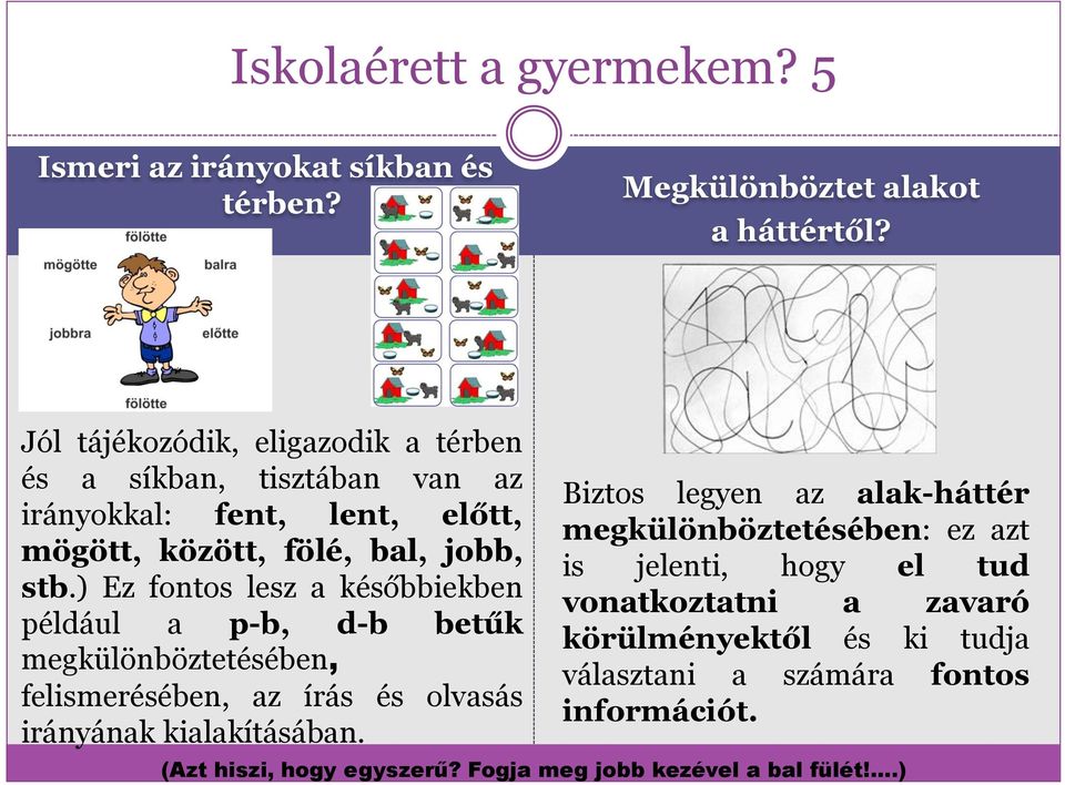) Ez fontos lesz a későbbiekben például a p-b, d-b betűk megkülönböztetésében, felismerésében, az írás és olvasás irányának kialakításában.