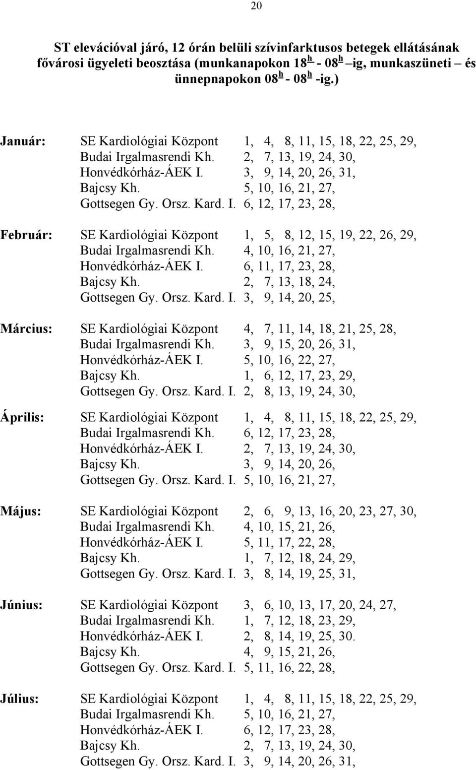 Orsz. Kard. I. 6, 12, 17, 23, 28, Február: SE Kardiológiai Központ 1, 5, 8, 12, 15, 19, 22, 26, 29, Budai Irgalmasrendi Kh. 4, 10, 16, 21, 27, Honvédkórház-ÁEK I. 6, 11, 17, 23, 28, Bajcsy Kh.