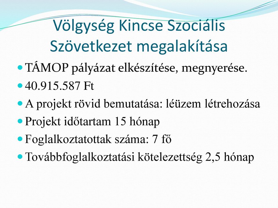 587 Ft A projekt rövid bemutatása: léüzem létrehozása Projekt