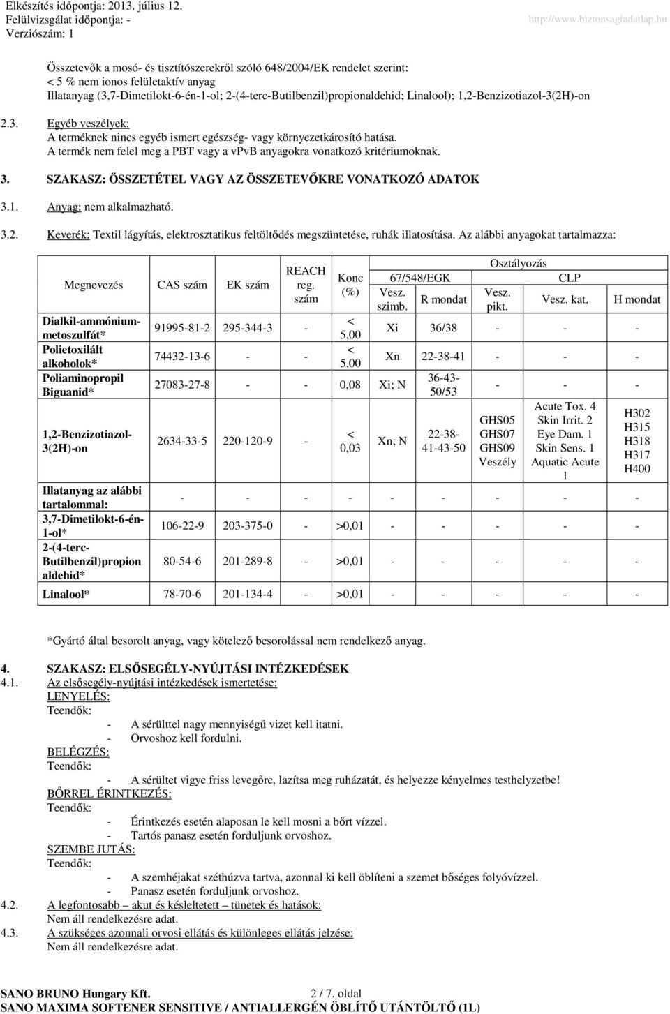 SZAKASZ: ÖSSZETÉTEL VAGY AZ ÖSSZETEVİKRE VONATKOZÓ ADATOK 3.1. Anyag: nem alkalmazható. 3.2. Keverék: Textil lágyítás, elektrosztatikus feltöltıdés megszüntetése, ruhák illatosítása.