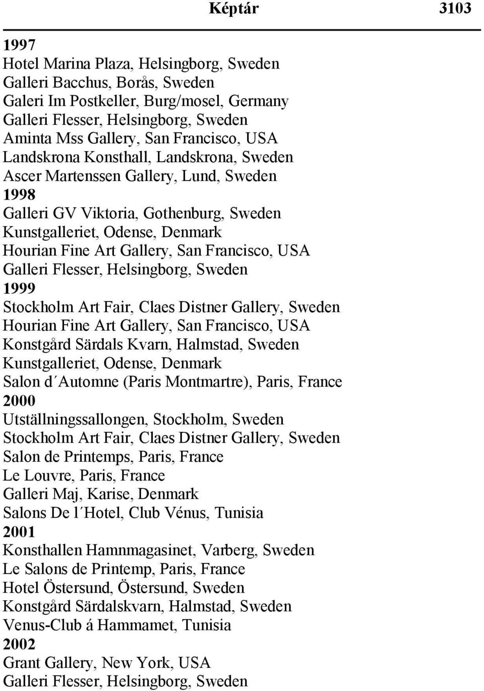 Fair, Claes Distner Gallery, Sweden Hourian Fine Art Gallery, San Francisco, USA Konstgård Särdals Kvarn, Halmstad, Sweden Kunstgalleriet, Odense, Denmark Salon d Automne (Paris Montmartre), Paris,