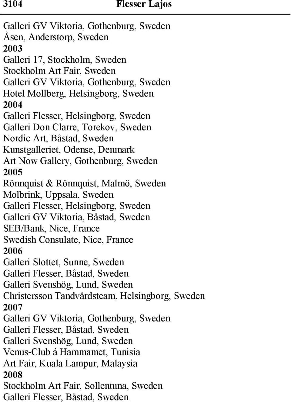 Malmö, Sweden Molbrink, Uppsala, Sweden Galleri GV Viktoria, Båstad, Sweden SEB/Bank, Nice, France Swedish Consulate, Nice, France 2006 Galleri Slottet, Sunne, Sweden Galleri Flesser, Båstad, Sweden
